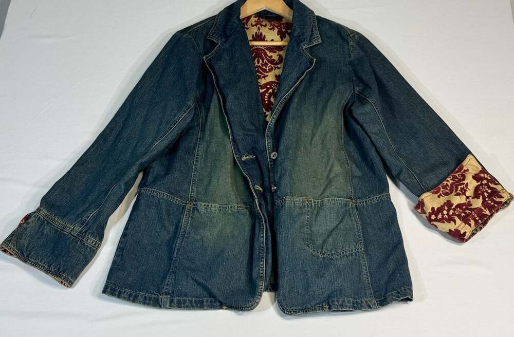 Ashley Stewart Denim Blazer Jacket Size 14W Burgundy Damask Print Lined
